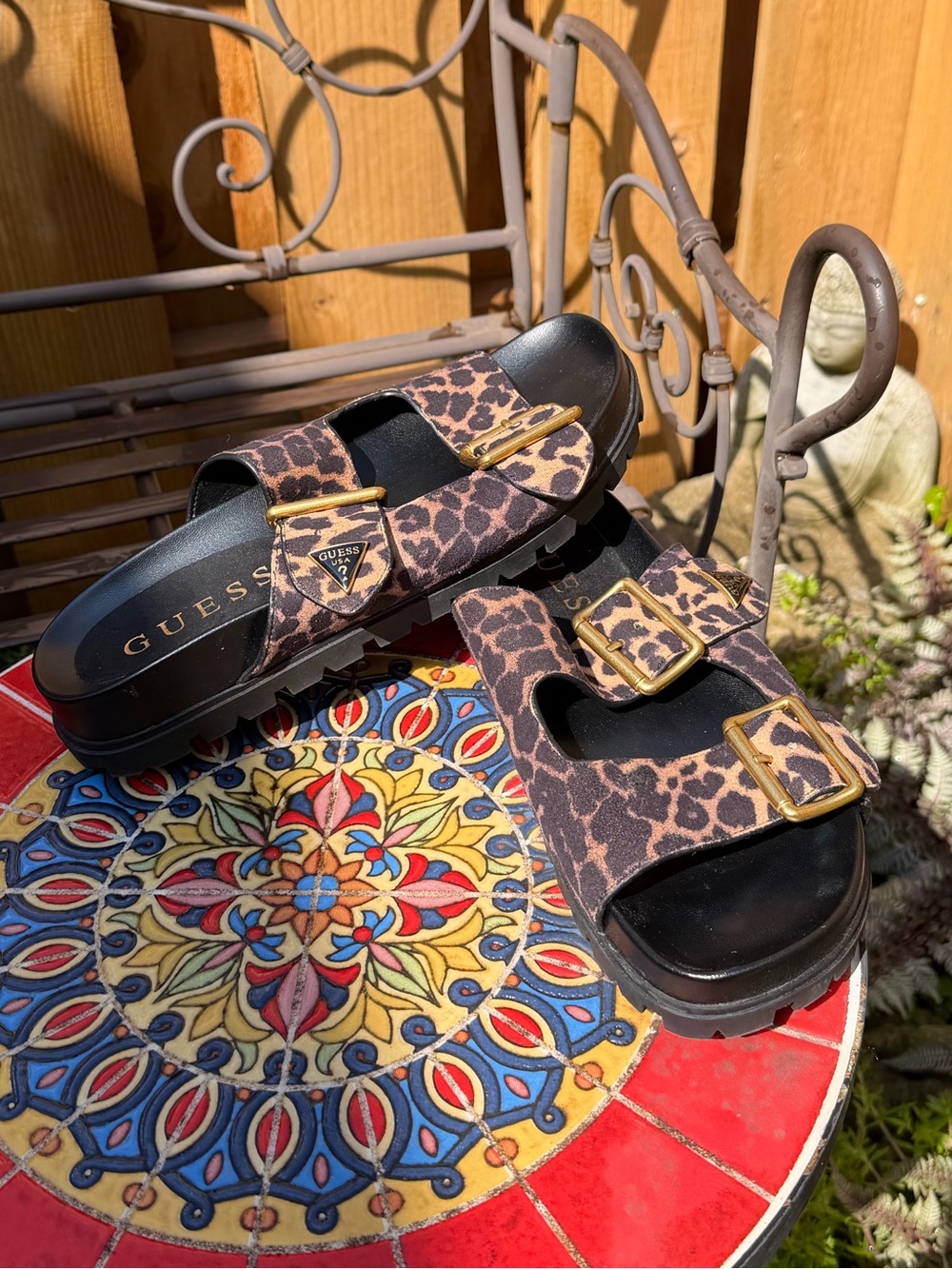 GUESS Leather Leopard-Print Double Buckle Slides with Gold Hardware -  sz 8